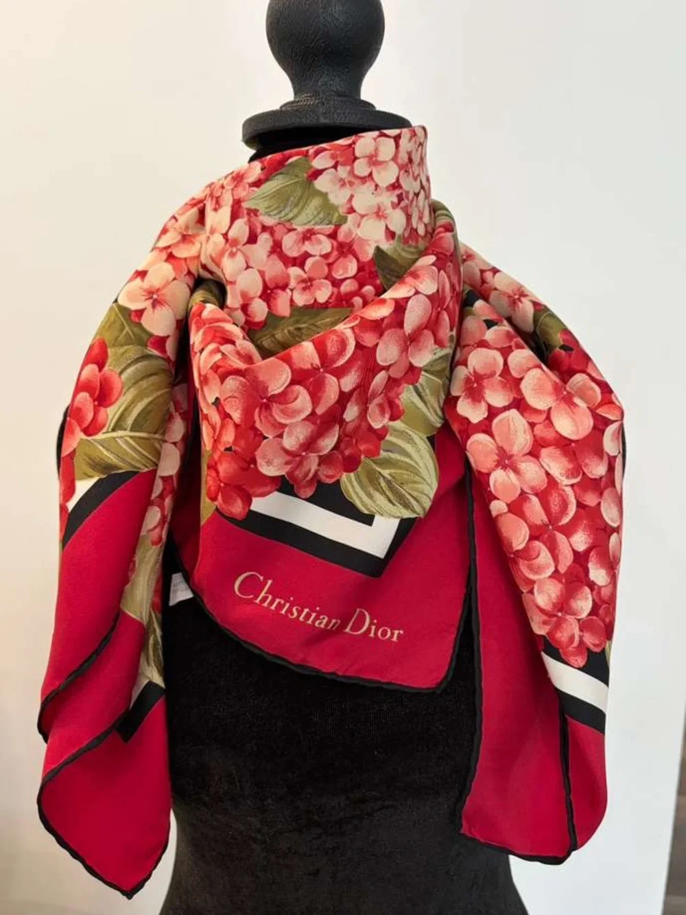 Dior Silk Scarf Red Black Floral Hand Rolled